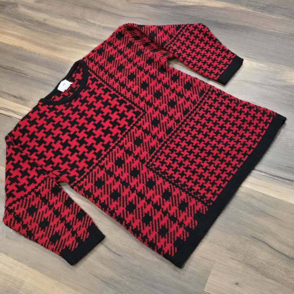 Vintage 90s Red Black Checkered Plaid Womens Acrylic Country Christmas Sweater M - Picture 2 of 7